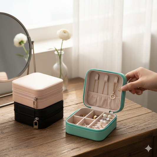 Portable Mini Travel Jewelry Box - Small Leather Organizer with Zipper for Rings, Earrings & Necklaces