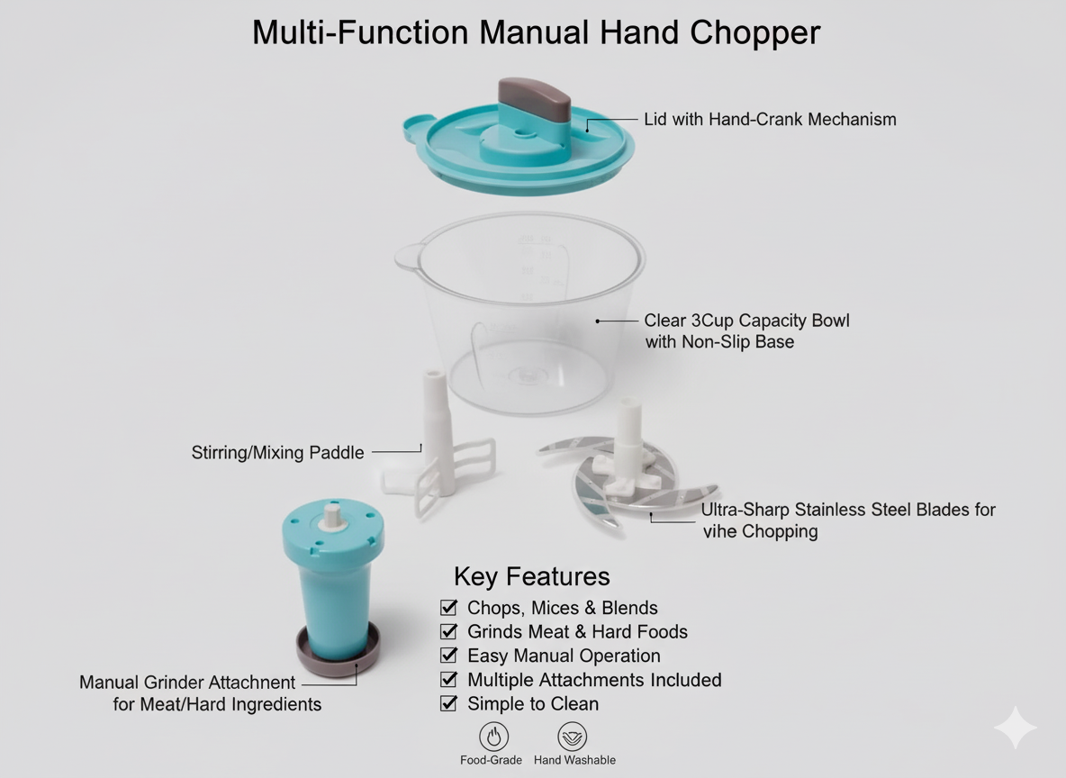 1.5L Multi-Function Hand Food Chopper – Manual Vegetable, Meat & Spice Cutter with Mixer