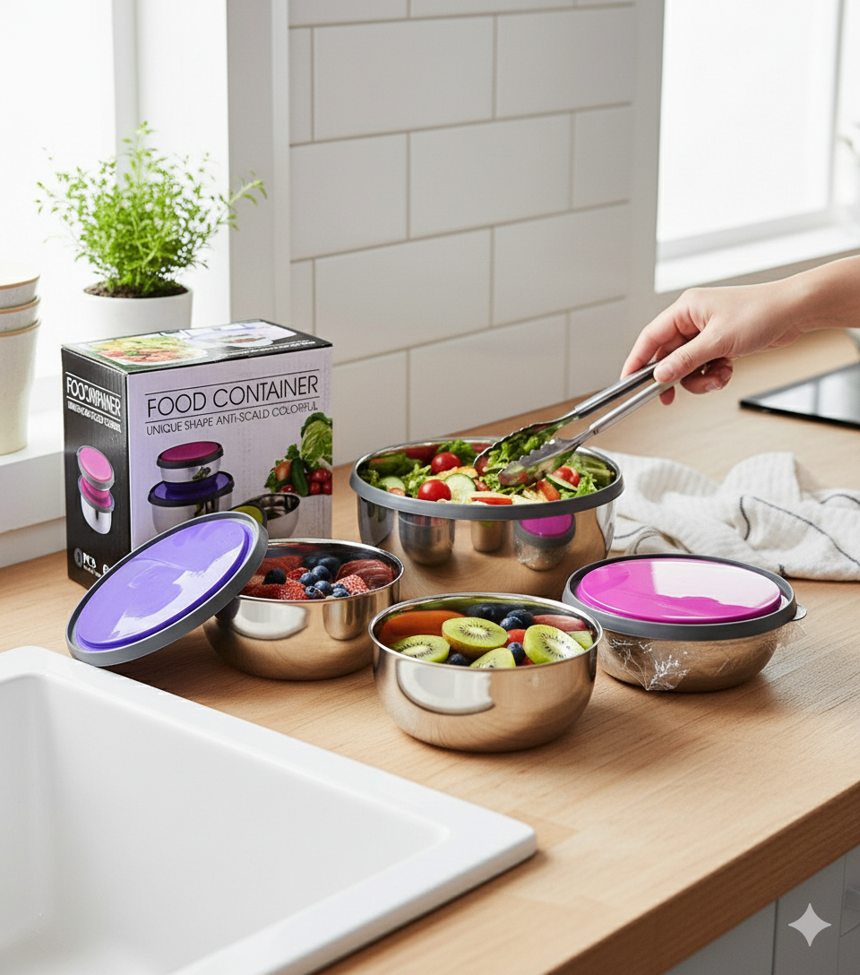 Stainless Steel Mixing & Storage Bowls with Colorful Lids – 3 Piece Food Container Set