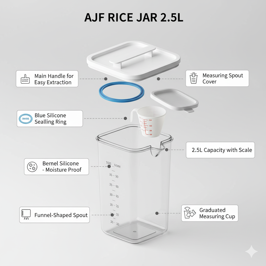 AJF 2.5L Airtight Rice & Grain Dispenser - Moisture Proof Food Storage Container with Measuring Cup Lid & Easy Pour Spout