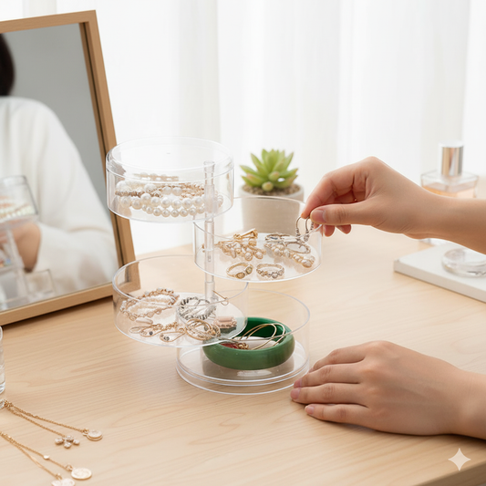 360° Rotating Acrylic Jewelry Storage Organizer - 4-Layer Clear Box for Earrings, Rings & Bracelets