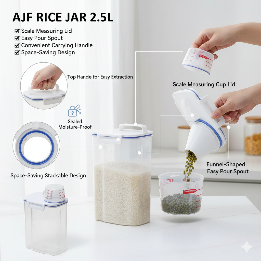AJF 2.5L Airtight Rice & Grain Dispenser - Moisture Proof Food Storage Container with Measuring Cup Lid & Easy Pour Spout