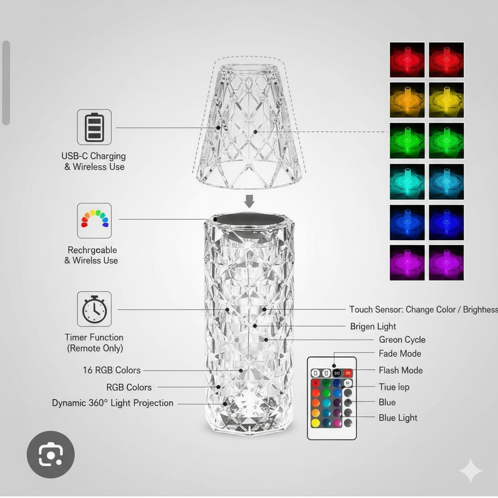 Crystal Diamond Table Lamp with 16 Color Remote & Touch Control