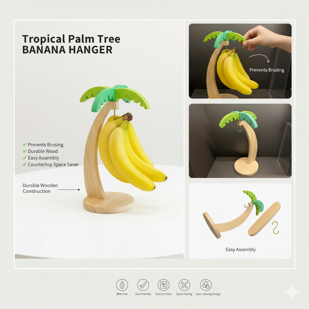 Tropical Palm Tree Banana Hanger - Decorative Wooden Fruit Stand with Hooks
