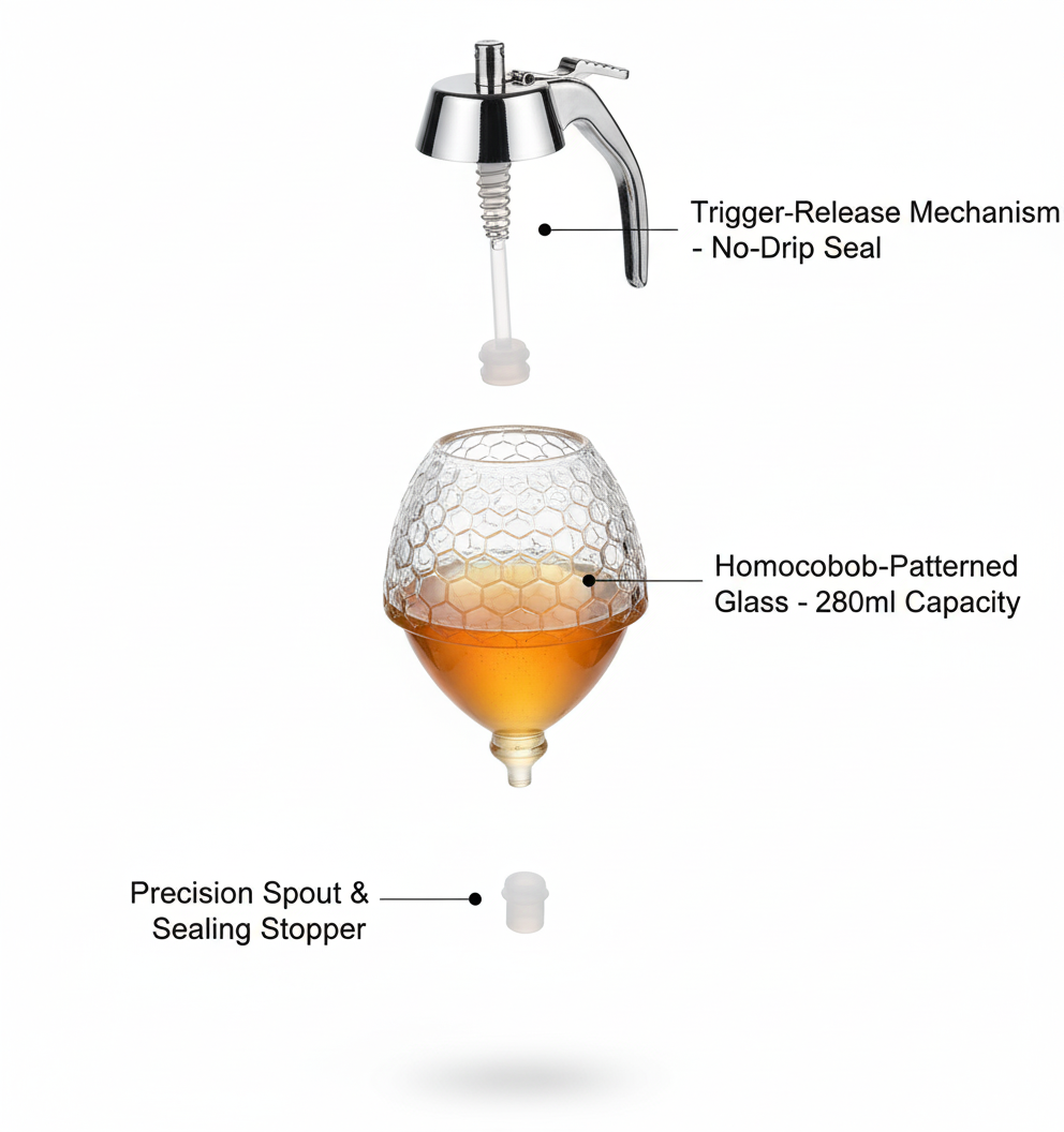 Glass Honey Dispenser with Trigger Release - No-Drip, Anti-Spill Syrup & Sauce Container for Kitchen