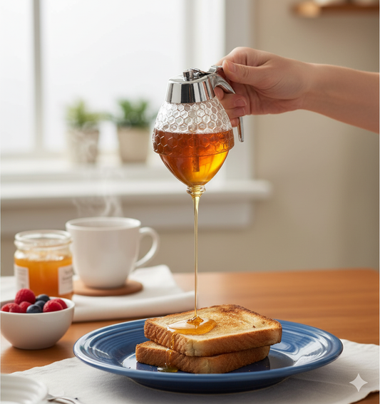 Glass Honey Dispenser with Trigger Release - No-Drip, Anti-Spill Syrup & Sauce Container for Kitchen