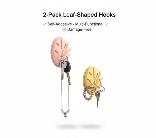 2-Pack Self-Adhesive Wall Hooks for Keys & Jewelry - Leaf-Shaped, Multi-Functional Organizer
