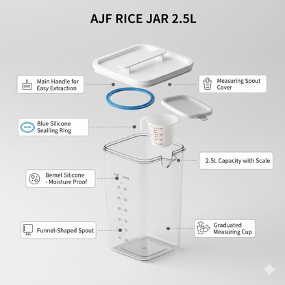 AJF 2.5L Airtight Rice & Grain Dispenser - Moisture Proof Food Storage Container with Measuring Cup Lid & Easy Pour Spout