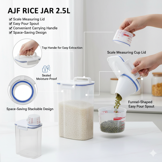 AJF 2.5L Airtight Rice & Grain Dispenser - Moisture Proof Food Storage Container with Measuring Cup Lid & Easy Pour Spout