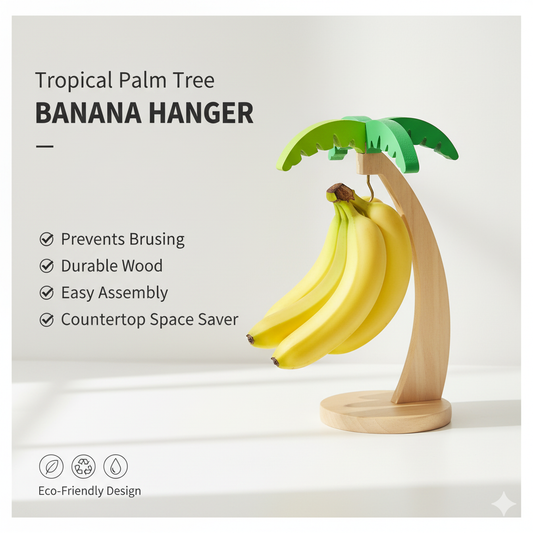 Tropical Palm Tree Banana Hanger - Decorative Wooden Fruit Stand with Hooks