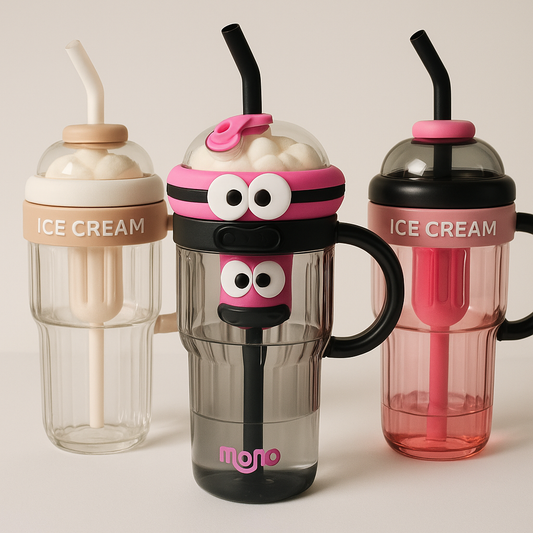 Sipper Bottle Tumbler with Straw & Ice Cream Lid – Reusable Water Cup
