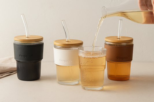 Bamboo Glass Water Cup with Straw & Lid