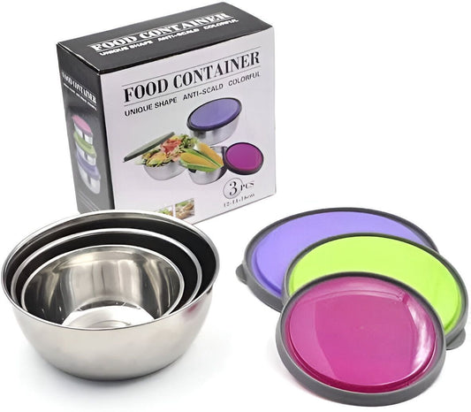 Stainless Steel Mixing & Storage Bowls with Colorful Lids – 3 Piece Food Container Set
